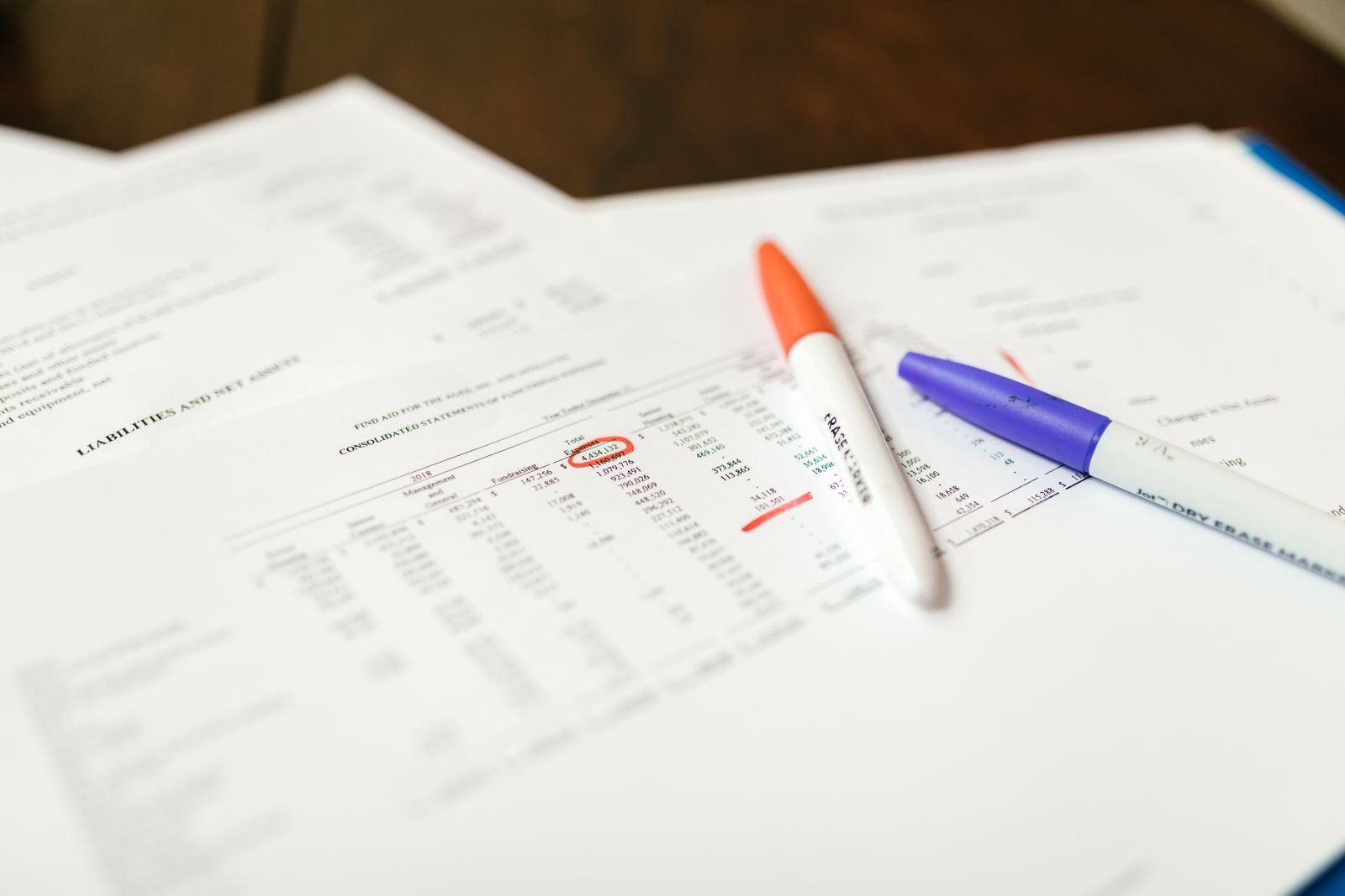 Financial documents marked up with correction pens